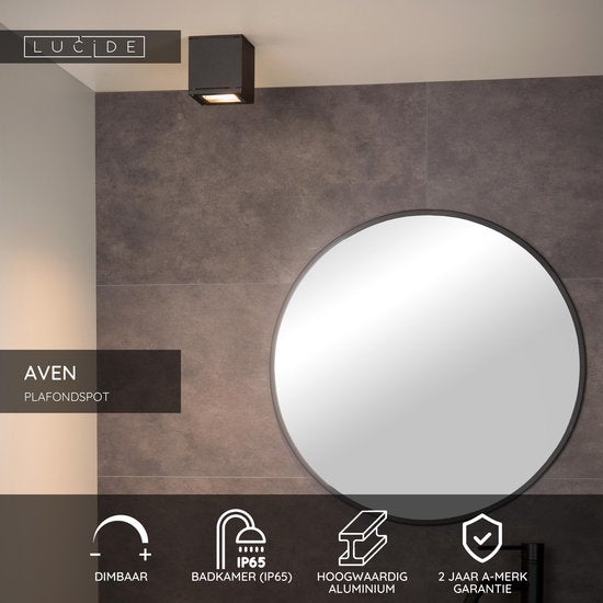Lucide AVEN - Spot de plafond (lampe de plafond) pour salle de bains - 1xGU10 - IP65 - Noir