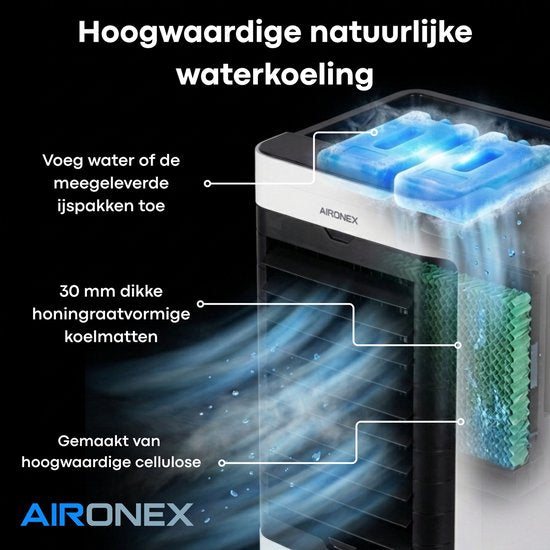 Aironex Aircooler / Refroidisseur d'air – Avec éléments de refroidissement, réservoir d'eau de 5 L, télécommande, minuterie et écran LED – Pour un rafraîchissement agréable – Ce n'est pas un climatiseur portable, mais une alternative efficace sans tuyau