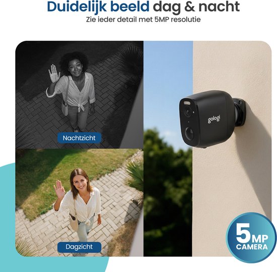 Caméra de sécurité sans fil Gologi pour l'extérieur et l'intérieur - Caméra de surveillance avec batterie 5200 mAh - Rechargeable via USB-C - Vision nocturne - Détection de mouvement - Fixation magnétique - Caméra HD 5 MP avec Wi-Fi et application - Camér