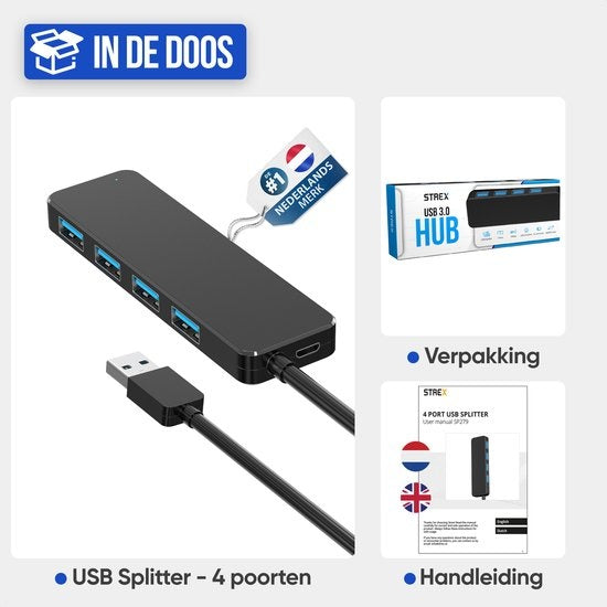 Strex USB 3.0 Hub - Répartiteur USB - 4 ports - 5Gbps - Câble 35CM - Adaptateur USB C inclus