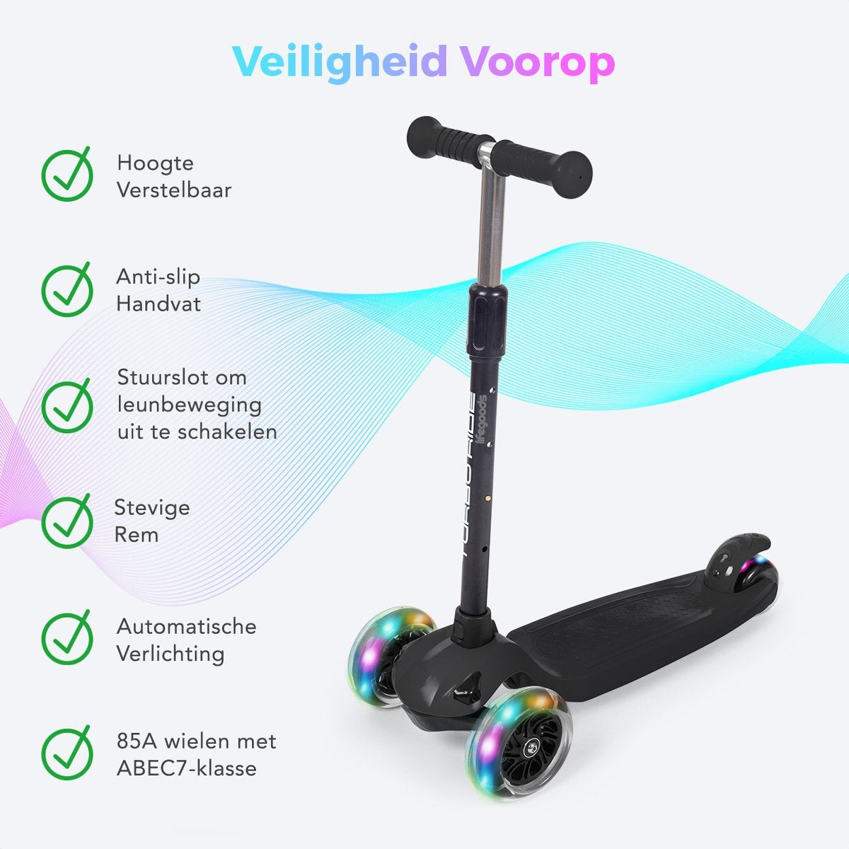 LifeGoods TurboRide Kids' Scooter - Step 5-8 Years - 3 Luminous Wheels - Boys/Girls - Black