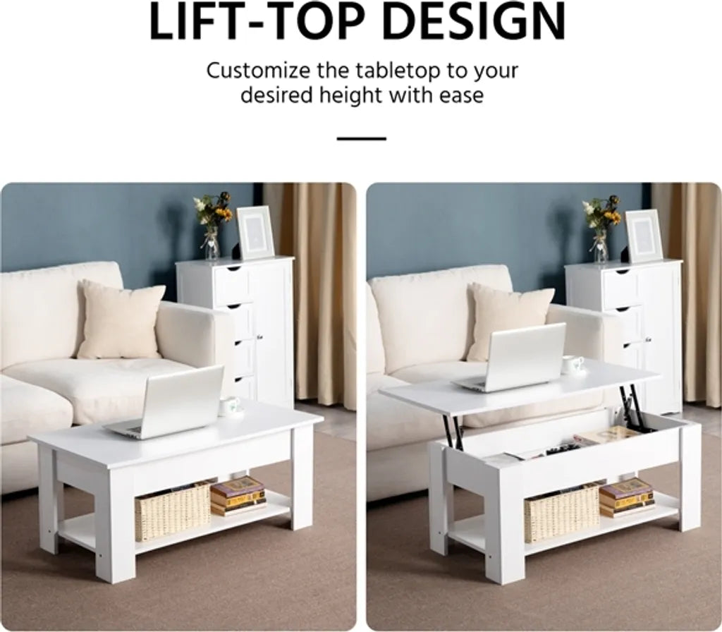 Table basse Yaheetech à plateau réglable 98 x 50 x 41,8 cm - Blanche - Table basse escamotable à levage vertical avec espace de rangement