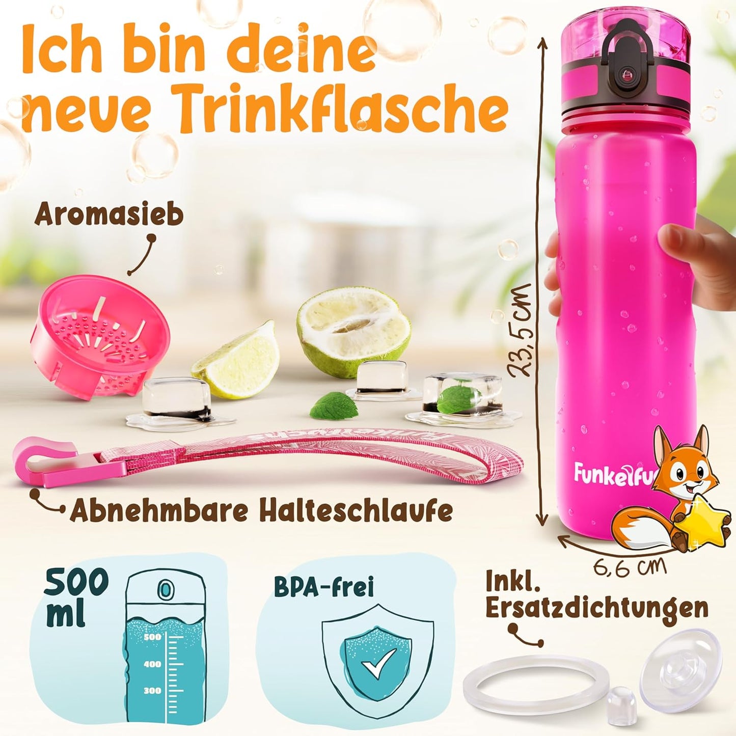 Funkelfuchs® gourde pour enfants - 500ml, rose - gazeuse - 100% étanche - bouteille d'eau lavable au lave-vaisselle - pour la maternelle, l'inscription à l'école, l'école, le sport