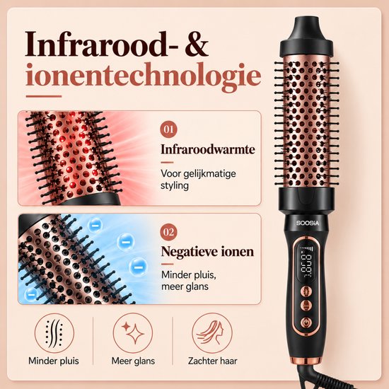 Brosse à boucler et à lisser Soosia - Brosse chauffante à plaques en céramique - Brosse thermique - Infrarouge et ions - Réglable de 110 à 210 °C