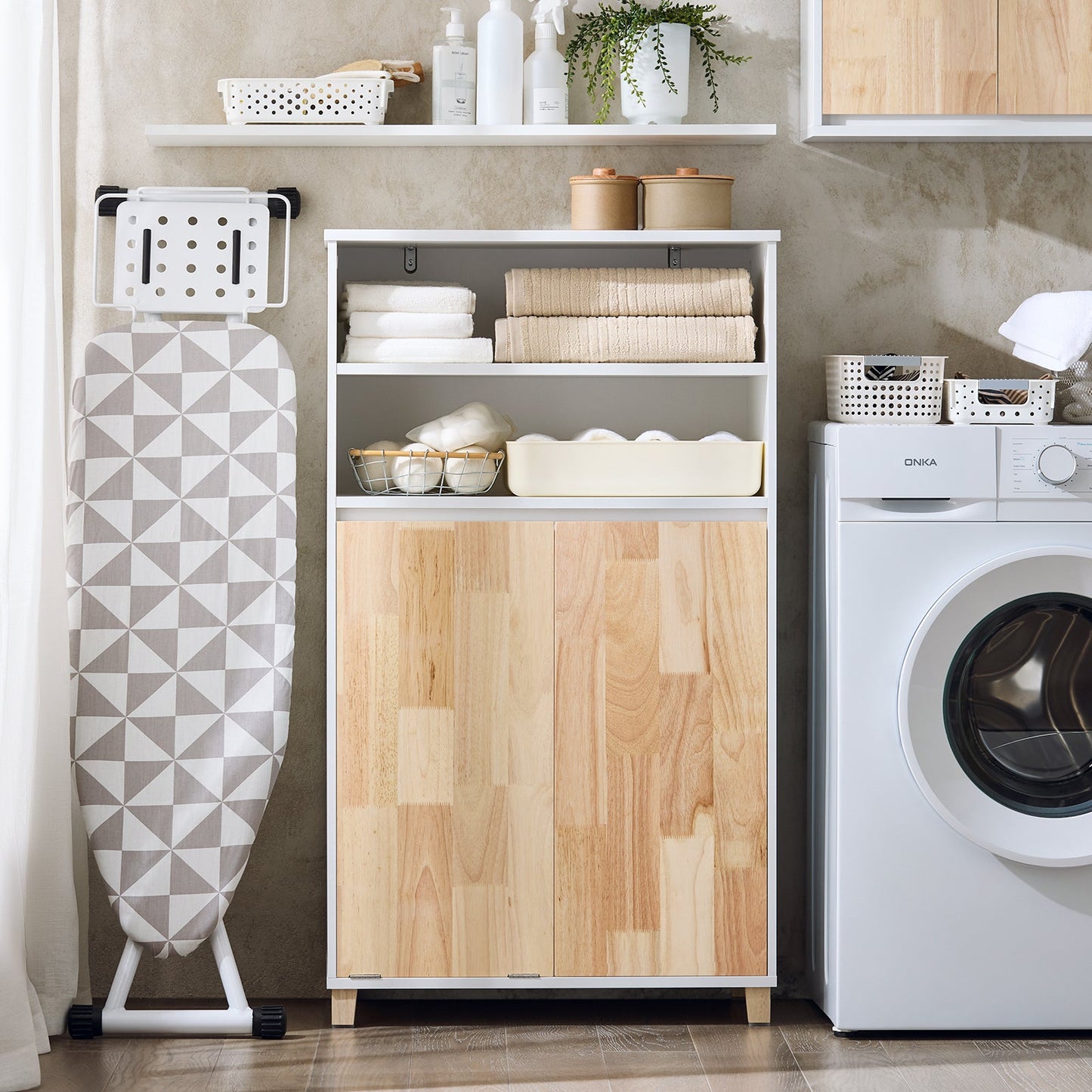 SoBuy BZR143-WN Meuble de salle de bains avec lavabo amovible, 3 plateaux de rangement et panier à linge - Blanc, 64x33x110 cm