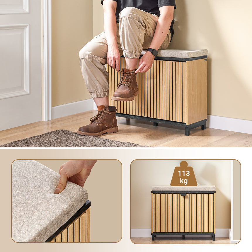 SoBuy FSR201-N Banc à chaussures, entrée, avec siège rembourré, confortable, pliable, noir et bois clair, supporte 113 kg, 60 x 24 x 50 cm