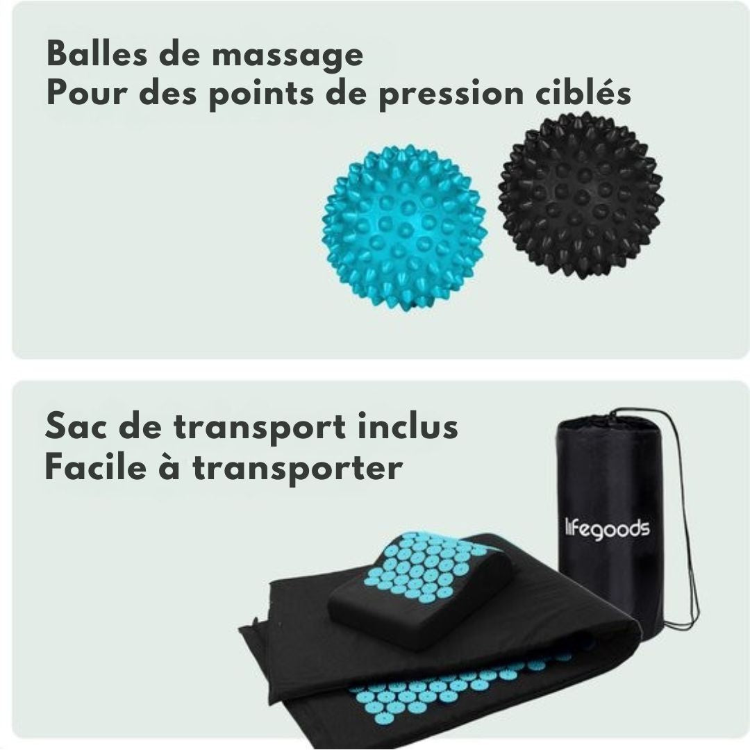 Tapis d'acupression XL LifeGoods - avec coussin - Tapis Shakti - Tapis pour les ongles avec 2 balles pour les points de déclenchement - 128x48x2cm - Noir/Turquoise