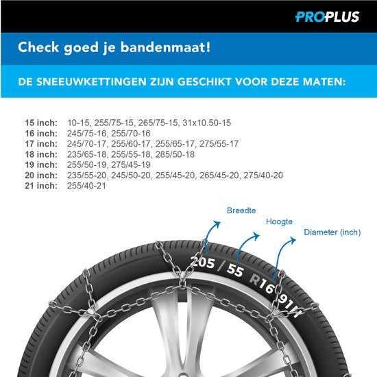 Chaînes à neige ProPlus - KNR255 - Maillons en acier de 16 mm - Label de qualité Önorm - Sécurité - Pneus - Installation rapide et facile - Compatibles avec différentes tailles de pneus - Maillons de réparation et mallette inclus - Lot de 2 - Véhicule 4x4