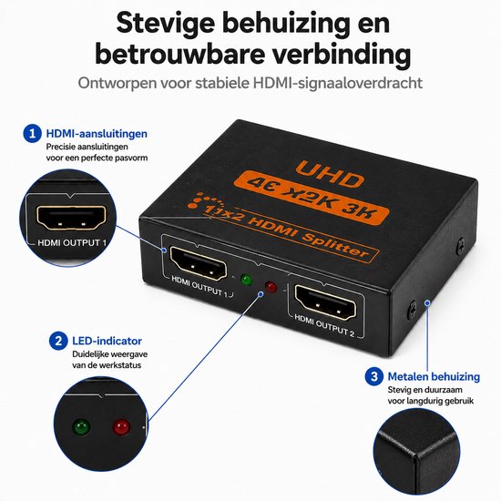 Répartiteur HDMI 1 entrée / 2 sorties - Répartiteur HDMI avec duplication d'image - 1 entrée HDMI vers 2 sorties HDMI - Répartiteur HDMI 4K pour téléviseur, écran et vidéoprojecteur - Plug & Play - Adaptateur HDMI compact noir