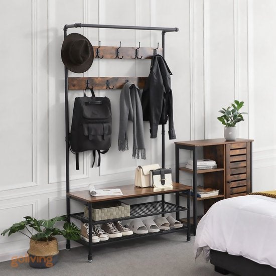 Goliving Porte-manteau XL - Porte-manteau - Porte-chaussures - Montant - Armoire industrielle - Métal/Bois - 100 x 41,5 x 182 cm - Marron/Noir