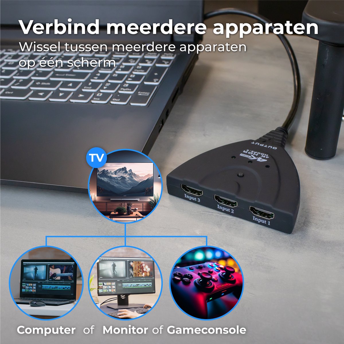 Commutateur HDMI Nuvance - 3 entrées, support 4K 60Hz - 60 cm - Noir
