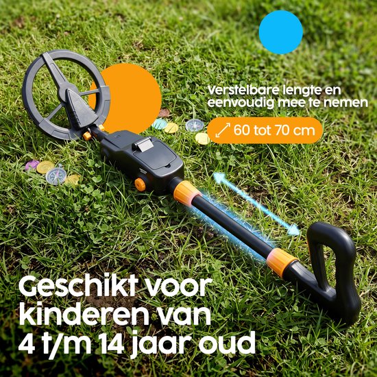 Détecteur de métaux Infinity Goods Junior - Pour enfants - Étanche et léger - Réglable - Écran LCD - Piles et pelle incluses