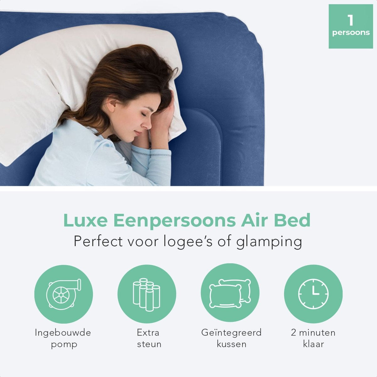 LifeGoods Airbed - 1 personne - avec pompe intégrée - sac de transport et kit de réparation inclus - blanc/bleu