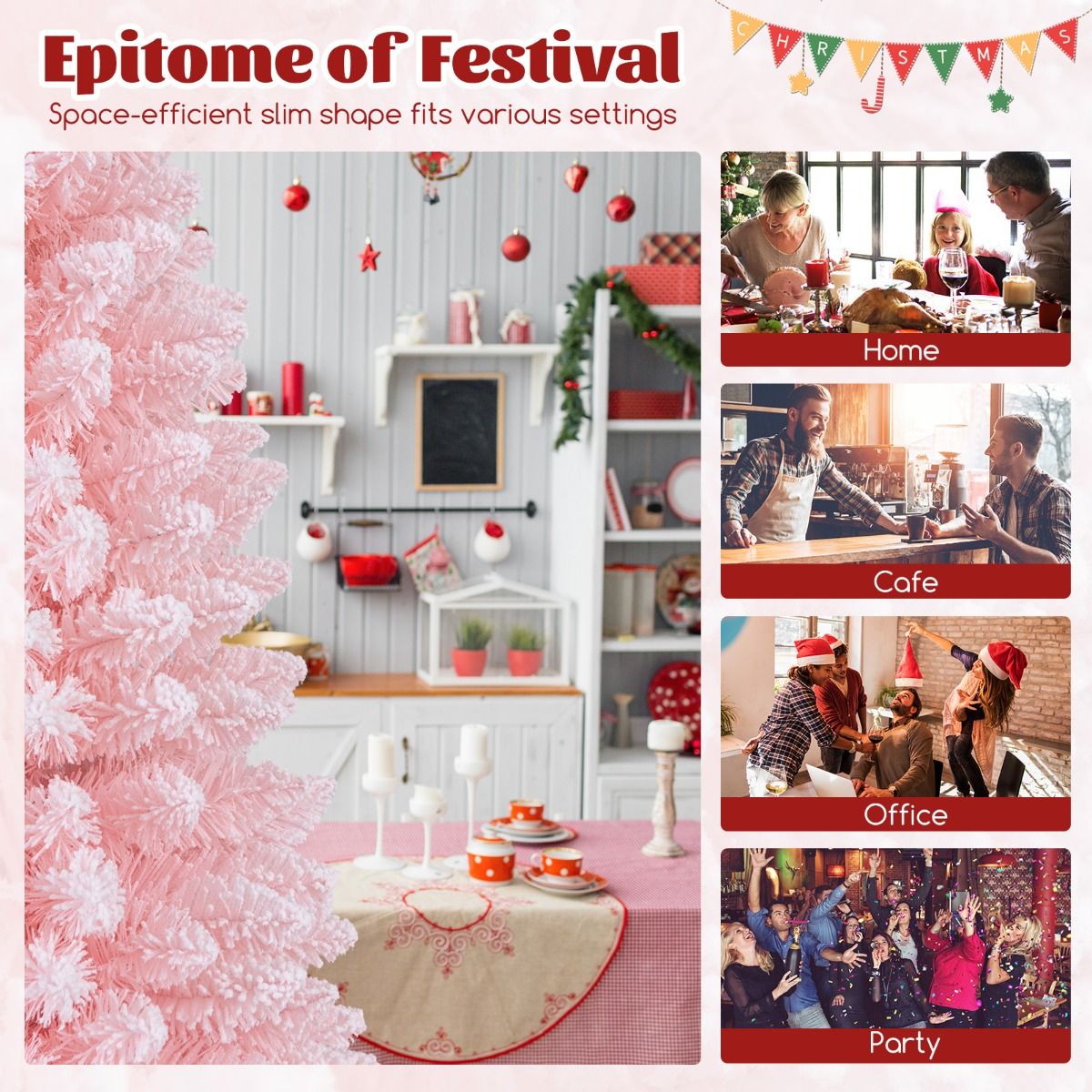 Coast Artificial Christmas Tree - 150 cm - Pink - Snowy - Slim Design - 328 Branch tips - Metal Stand