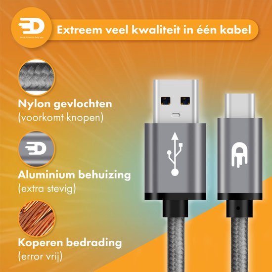 Drivv. Câble USB vers USB C - Chargeur rapide - Câble de données et de charge USB C - Court - 1 mètre - Convient à Samsung, iPhone 15 et autres - Gris spatial