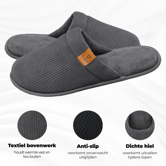 Chaussons Hommes - Chaussons - Taille 44/45 - Gris - Velours côtelé - Antidérapant - Comfeet