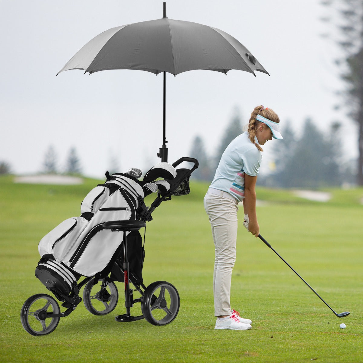 Chariot de golf Coast avec porte-parapluie et chaise - 130 x 75 x 120 cm - gris/noir