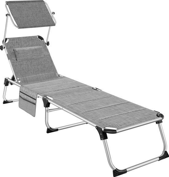 tectake® - Chaise longue Lorella rembourrée, pliable - gris chiné - 220 x 60,5 x 34 cm, avec poche latérale