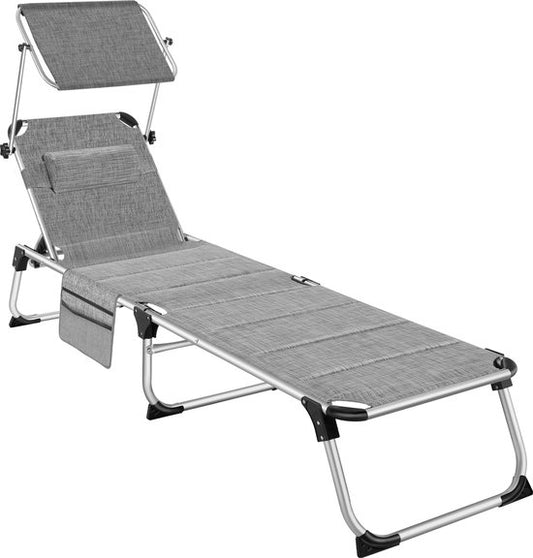 tectake® - Chaise longue Lorella rembourrée, pliable - gris chiné - 220 x 60,5 x 34 cm, avec poche latérale