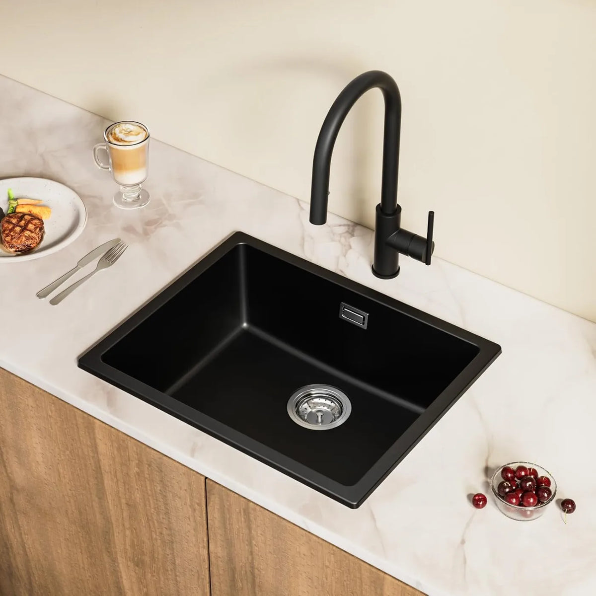 Évier en granit Cecipa Max 55 x 44 cm - À encastrer et à poser - Insonorisé avec siphon - Noir