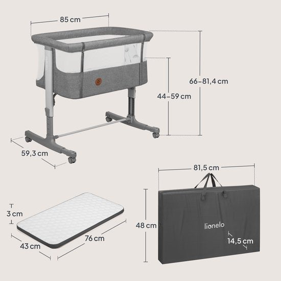 Lionelo Aurora 3-en-1 Co-sleeper - Lit bébé jusqu'à 9 kg - Lit évolutif - 4 roulettes avec frein - Lit de camping – Hauteur réglable – Tissu respirant – Matelas et sac de transport inclus – Revêtement amovible