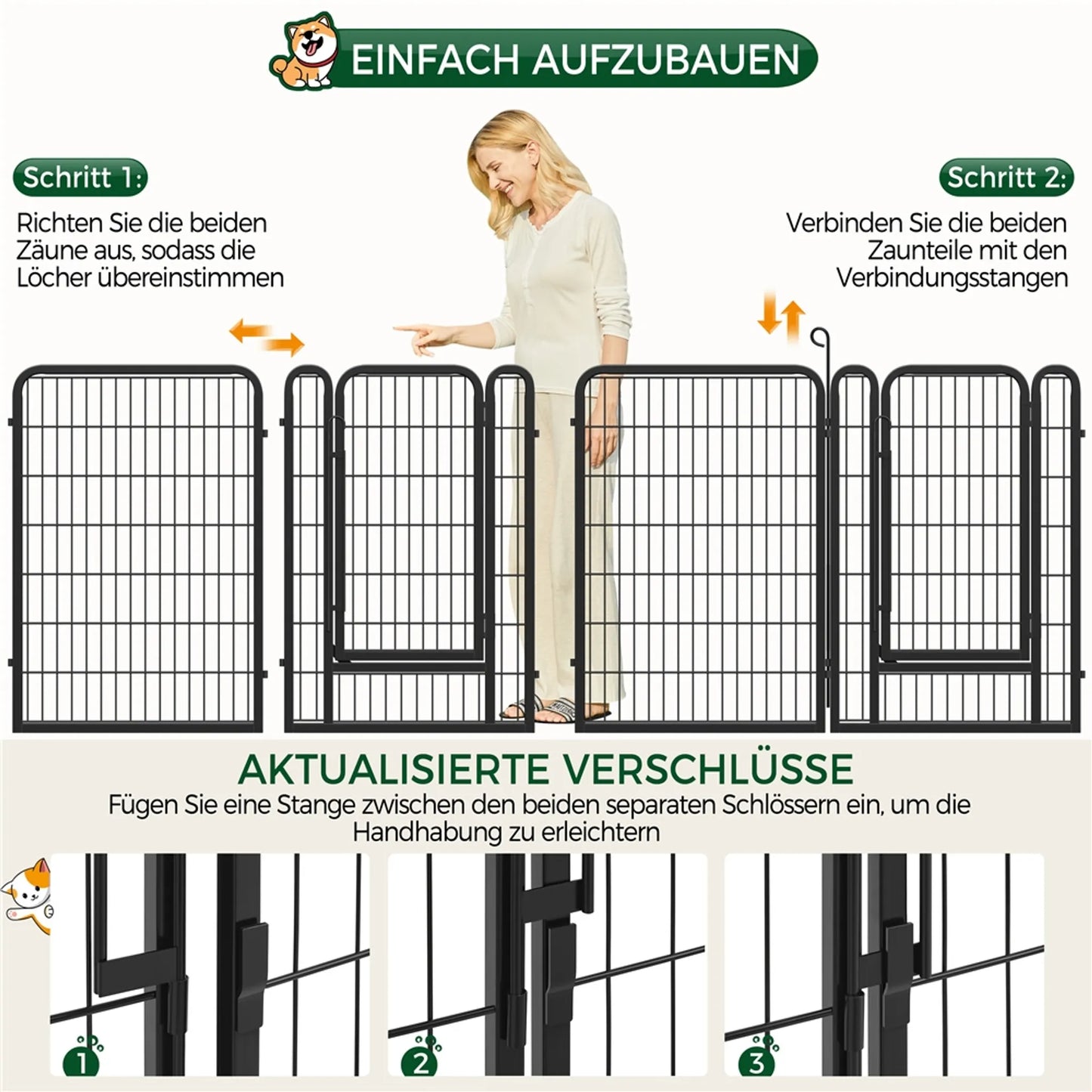 Yaheetech Parc à chiots avec 8 panneaux - équipé d'un verrouillage automatique, de 6 barres transversales par panneau et de 8 piquets de terre - pour chiens, lapins et petits animaux - métal noir - 100 x 68 x 1,5 cm par panneau
