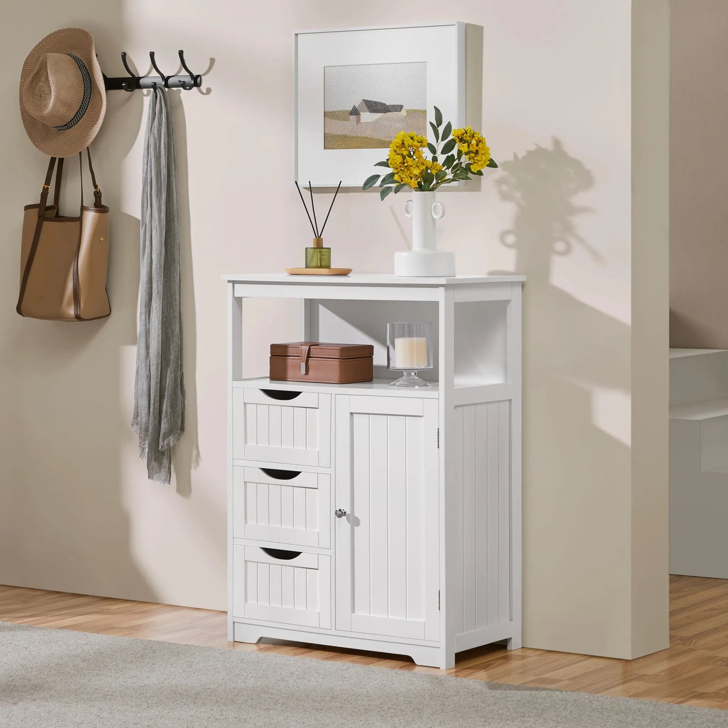 Yaheetech Armoire de salle de bain avec 3 tiroirs - Comprend une étagère réglable et un rangement ouvert ainsi que des accessoires en métal - Pour la salle de bain, le salon et la chambre - Mdf blanc et métal - 66 x 35 x 90 cm