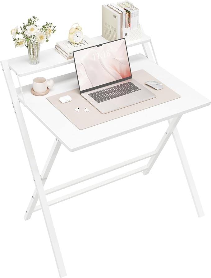 Bureau pliable Yaheetech 80 x 50 cm - Blanc - Bureau d'ordinateur avec support d'écran et étagère de rangement