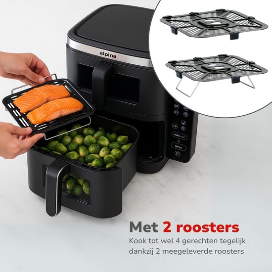 alpina Airfryer XXL - Double Friteuse 11L - Friteuse à air chaud 2 paniers - Doublement empilée pour 8 personnes - Ecran pliable - Fonction minuterie jusqu'à 60 minutes - Température 60-200°C - Noir