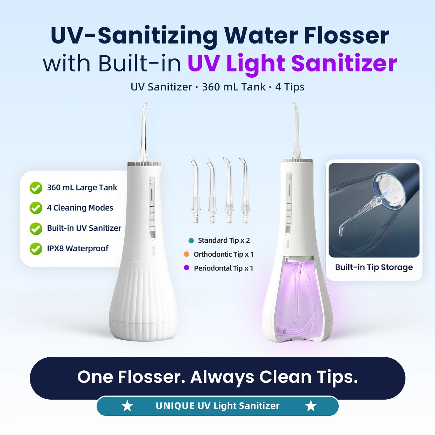 Hydropulseur Bair Care M11 - Blanc - Stérilisation par UV - Réservoir de 360 ml - 4 modes - 3 embouts - IPX8 - USB-C