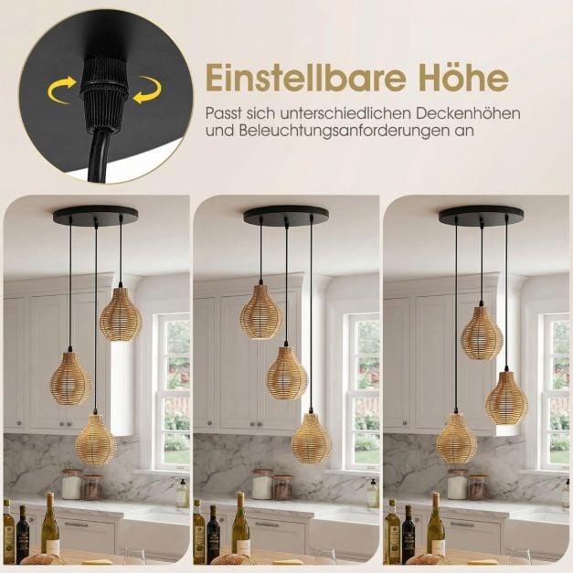 Suspension Coast à 3 lumières en rotin – Réglable de 24 à 102 cm – Ø 30 cm – Noir et beige