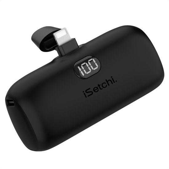 iSetchi Mini Powerbank 5000 mah - Taille compacte - Batterie externe - Câble intégré - Pack d'urgence - Câble Lightning - Affichage LED - Convient à l'iPhone - Noir