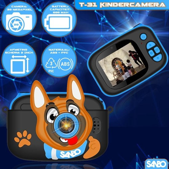 Caméra pour enfants Sanbo T31 Pro - Bleu / Noir - Inclut une carte SD de 32 Go et un lecteur - Caméra photo pour enfants - Vlogging - Caméra de jeu