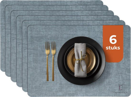 Sets de table Castagnola aspect cuir - Sets de table antidérapants en cuir artificiel - Sous-verre hydrofuge - Sous-verre - Sets de table en plastique - 6 pièces - 45 x 30 cm - Bleu mélangé