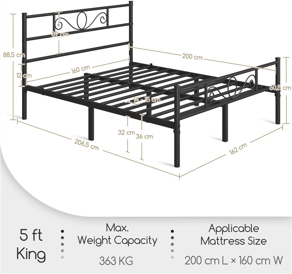 Cadre de lit en métal Yaheetech - Noir - 207 x 162 x 89 cm - Double, matelas 160 x 200 cm
