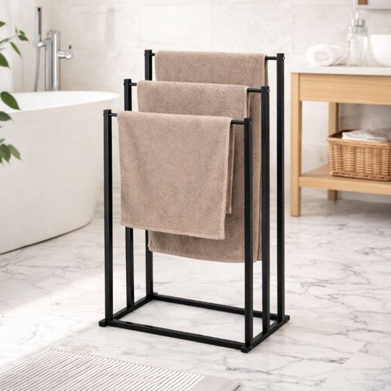 Porte-serviettes Ceruzo - Autoportant - Porte-serviettes - 3 bras - Sans perçage - Salle de bains, cuisine - Noir