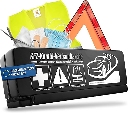 Heroism 3-in-1 Car First Aid Kit 2026 - Boîte de premiers secours, triangle de signalisation et gilet de sécurité, conforme aux normes européennes