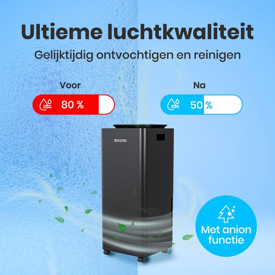 Déshumidificateur et purificateur d'air Auronic - Série Pro - 20L par jour - Fonction Lavage-Séchage - Chambre à coucher, salle de bain et salon - Déshumidificateur pour la maison - Noir