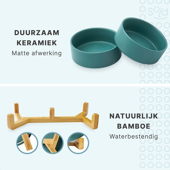 Gamelle pour chat et chien en céramique - Gamelles doubles avec support - Abreuvoir - 2x 400 mL - Vert mat