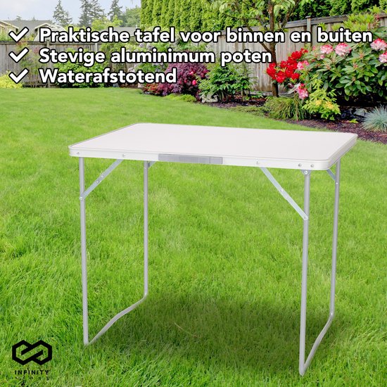 Infinity Goods Table de camping - Pliante - Table de jardin - 80x60x70 cm - Extérieur/intérieur - Poignée de transport - Compacte - Aluminium - Blanc
