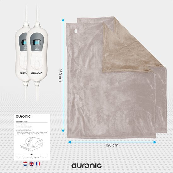 Auronic - Couverture électrique 2-Pack - 160 x 120 cm - 3 niveaux de chaleur et arrêt automatique - Flanelle extra douce - Lavable en machine - Polaire & Taupe
