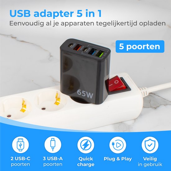 Nuvance - Adaptateur USB - 5 Ports - Prise USB - Chargeur USB - Convient à tout câble USB - Noir
