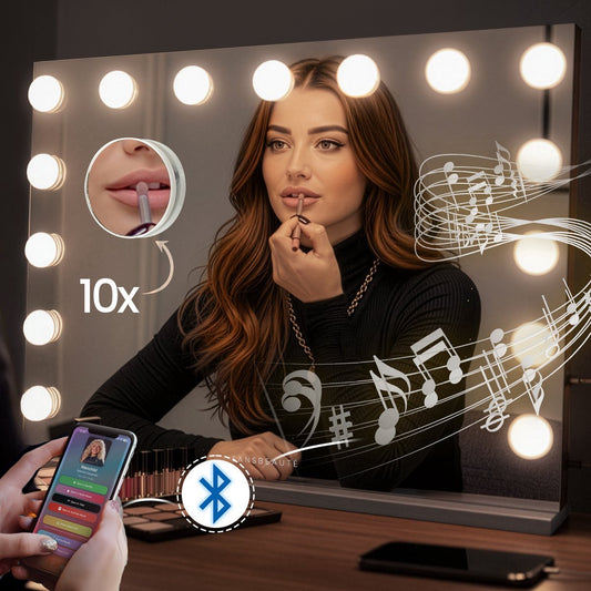 Sansbeauté® Hollywood Mirror 58x43 cm - Miroir de maquillage - 15 lampes LED - grossissement 10x - dimmable - port de charge USB - Touch Control - Bluetooth - blanc