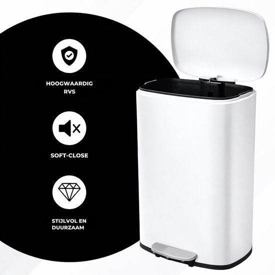 Bayt Poubelle - Poubelle à pédale 50 litres - Poubelle 50 litres - Poubelle 50 litres - Séparation des déchets - Poubelle - inox - Blanc
