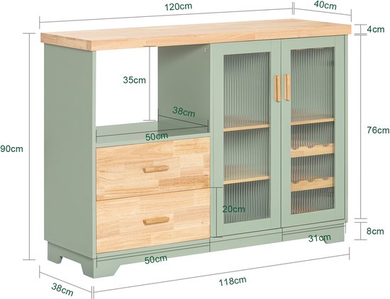 SoBuy FSB81-GR Meuble de cuisine - Meuble buffet vert avec tiroirs et portes en verre