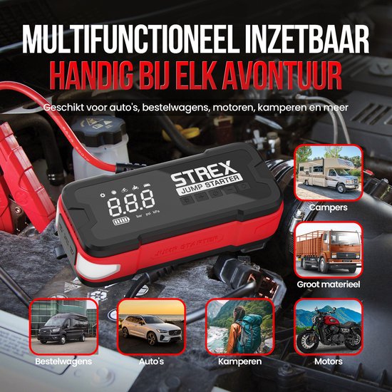 Strex - 12V Jumpstarter & Starting Aid With Compressor - 4000A - 24,000 mAh - 5-in-1 Function With Led Flashlight & SOS - Includes Hardcover Bag - Plastic - Black & Red