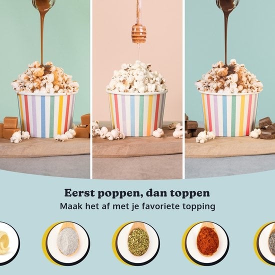 JAP Appliances Happy Pops - Machine à pop-corn rétro (2-3 personnes) 1200W - Cuillère à mesurer et à faire fondre le beurre incluse - Prêt en 3 minutes - Sans huile - Bleu