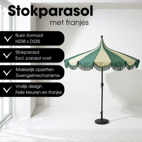 Mica Decorations Kim : parasol rayé avec sac de transport - Parasol à mât 238 x Ø 235 cm - Parasol de jardin ou de balcon - Polyester, acier - Vert foncé