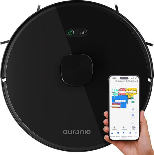 Robot Aspirateur Auronic - Avec fonction balayage - WiFi et App - Station de charge - Animaux domestiques - Navigation laser - Noir