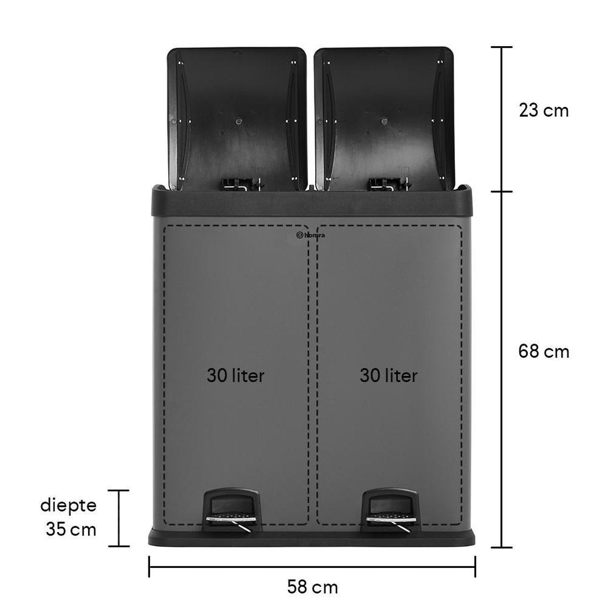 Homra NEVIQ Poubelle à tri sélectif AVEC 2 compartiments - Capacité 2 x 30 L - Poubelle à pédale duo - Gris